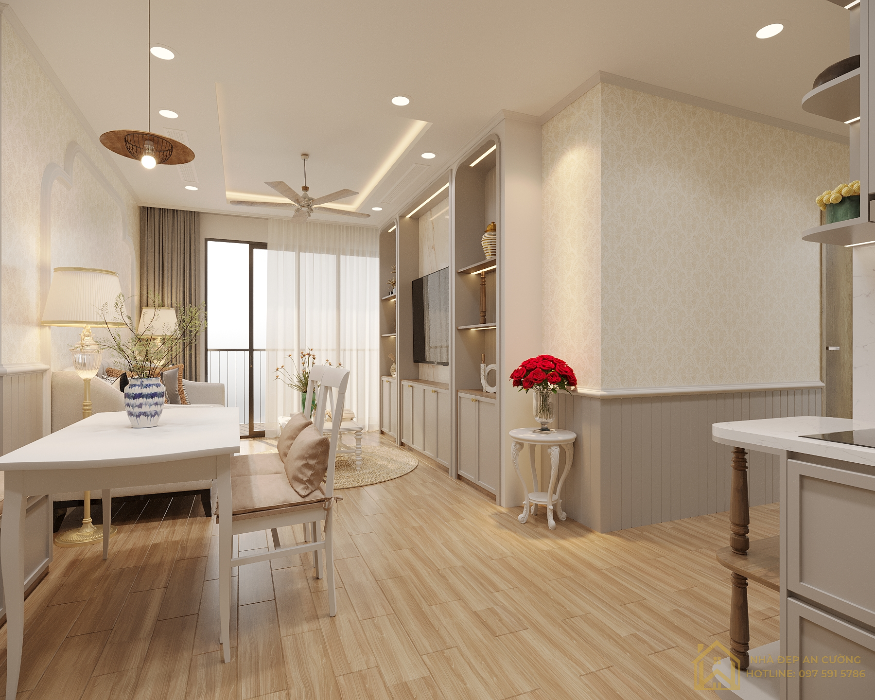 Bàn ăn trắng ghế gỗ chéo đèn thả mây đan phong cách French Vintage chung cư Vinhomes Smart City