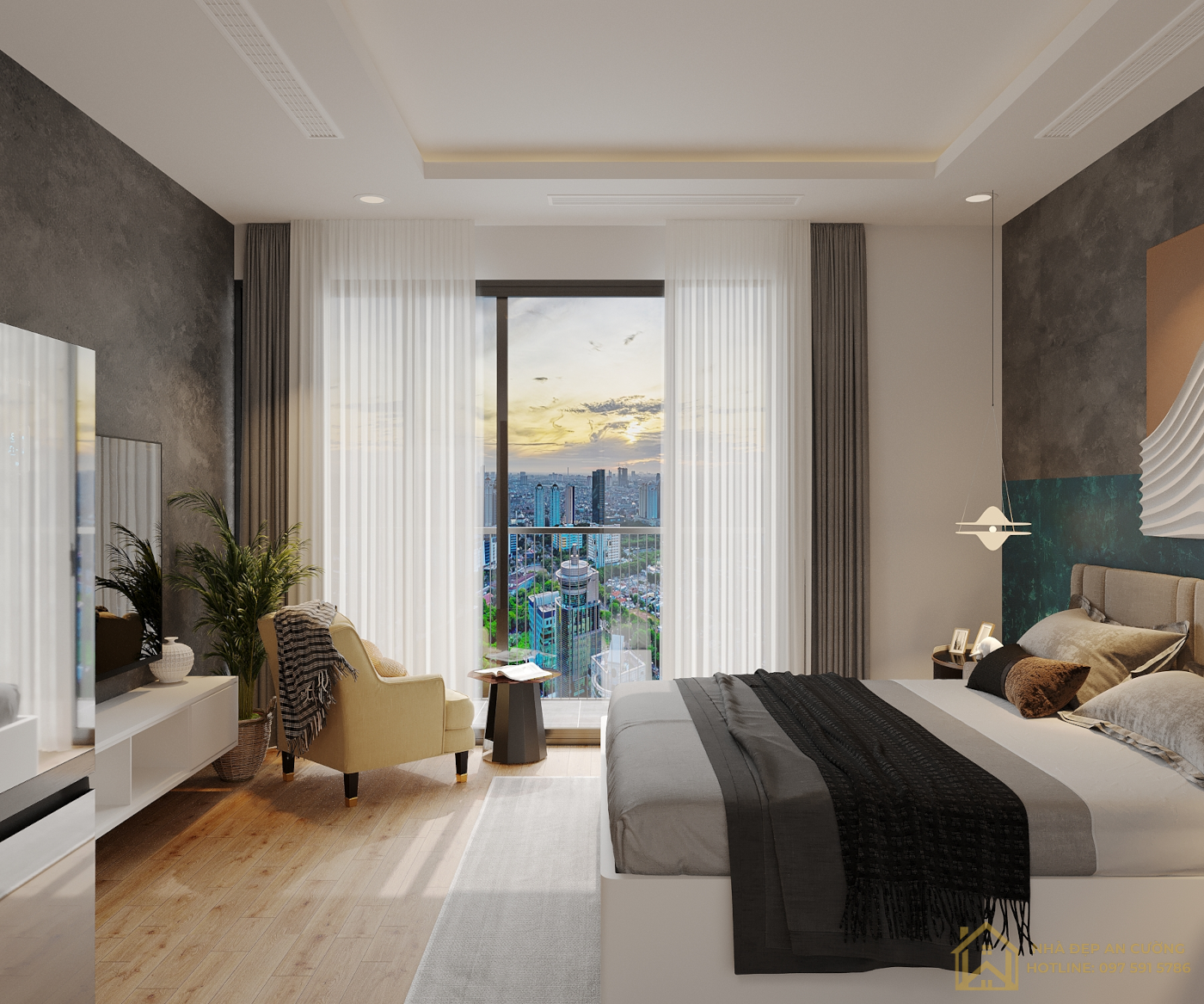 Góc ngủ view toàn cảnh thành phố hoàng hôn studio Bold Modern Vinhomes Ocean Park Gia Lâm