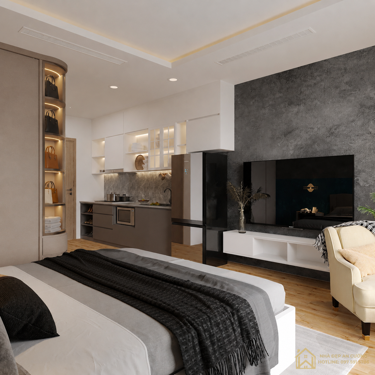 Kệ tivi và khu bếp mở nhìn từ giường ngủ studio Vinhomes Ocean Park Gia Lâm Hà Nội