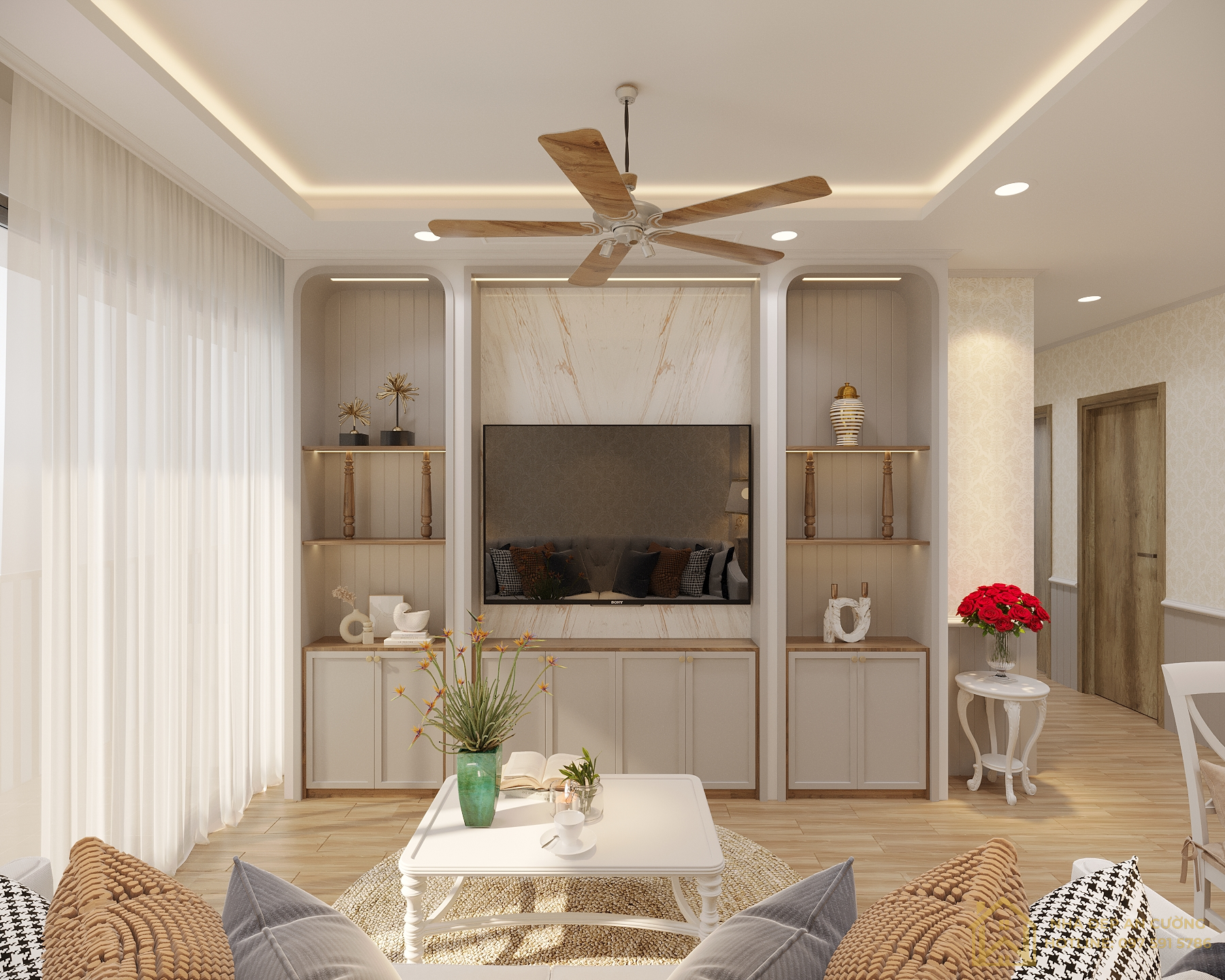 Kệ tivi đá marble trắng vân vàng hệ tủ kệ phào viền vòm cong chung cư Vinhomes Smart City