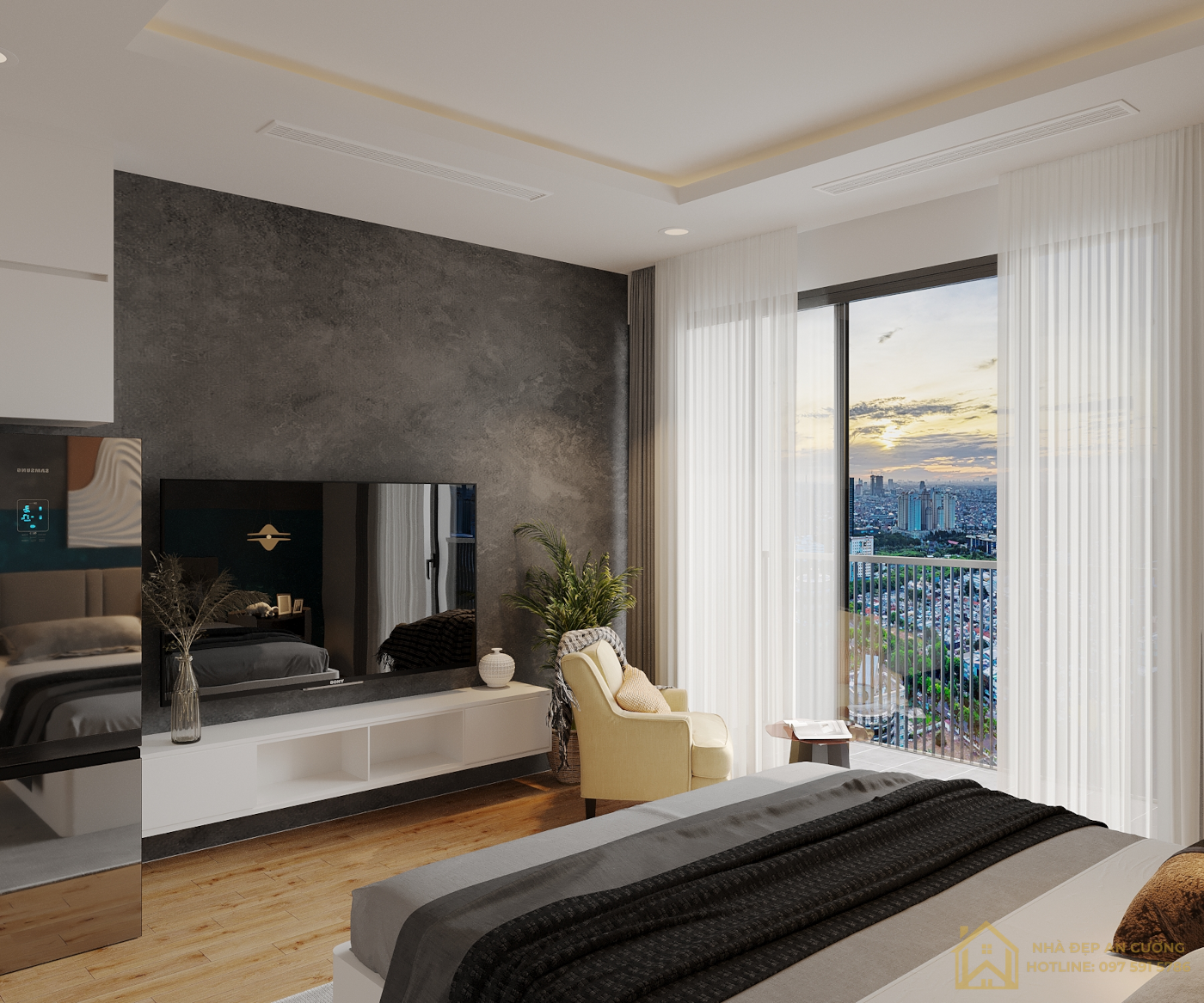 Kệ tivi vách xi măng xám cửa sổ view hoàng hôn thành phố studio Vinhomes Ocean Park
