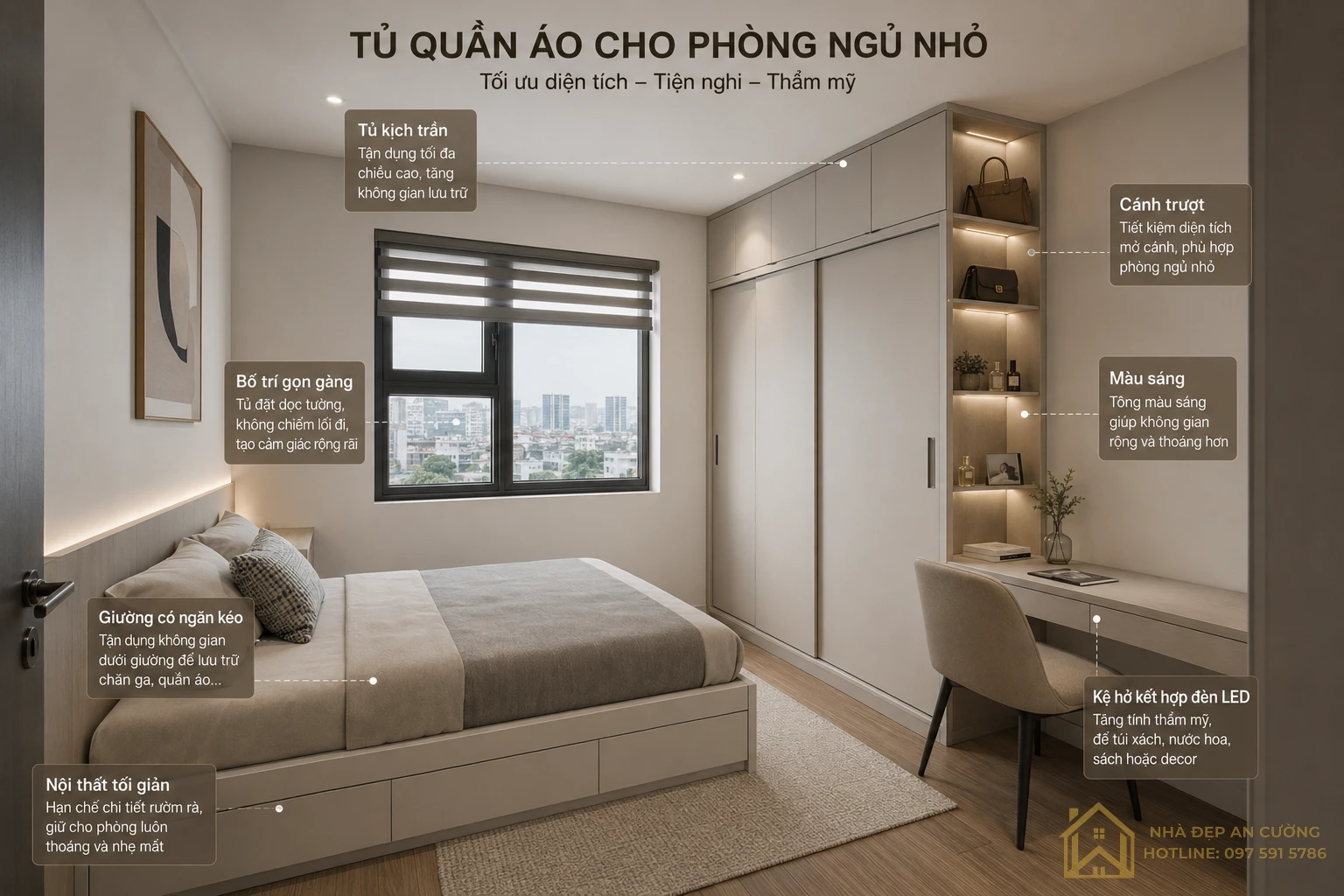 Tủ quần áo cánh trượt cho phòng ngủ nhỏ với thiết kế kịch trần và màu sáng tối ưu diện tích