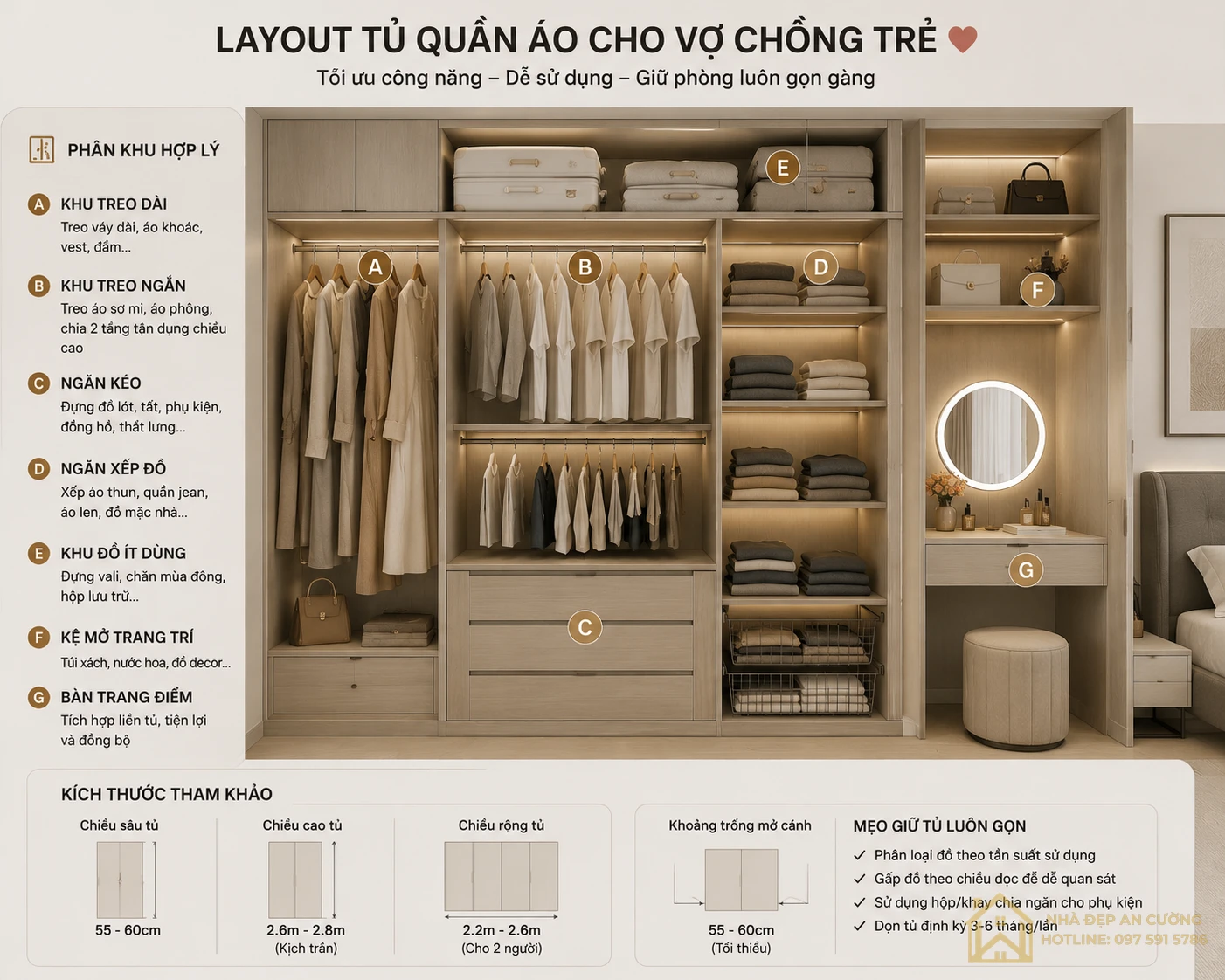 Layout tủ quần áo cho vợ chồng trẻ với khu treo đồ, ngăn kéo và bàn trang điểm tích hợp