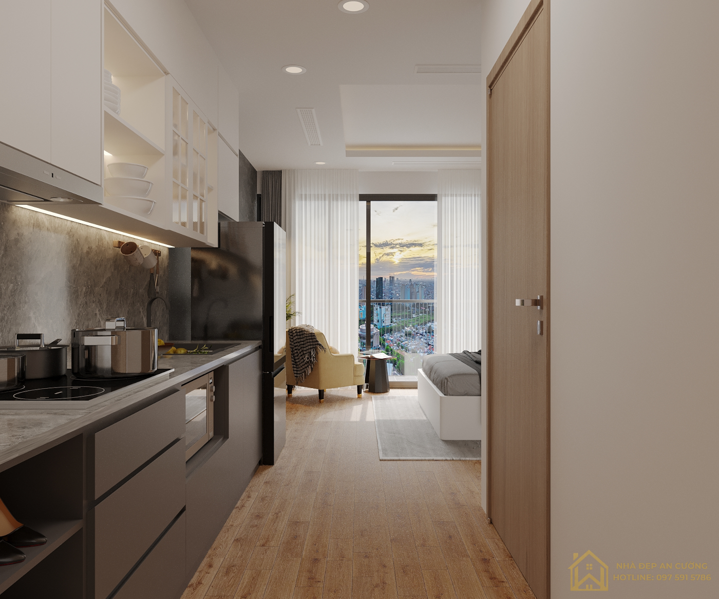Lối vào bếp nhìn thẳng vào phòng ngủ view thành phố studio 35m² Vinhomes Ocean Park