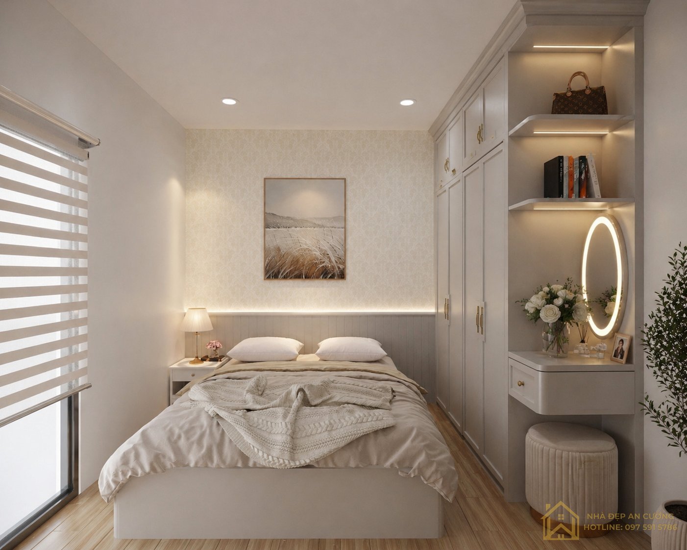 Phòng ngủ 2 tông trắng kem tủ quần áo cánh phào viền tay nắm vàng đồng Vinhomes Smart City