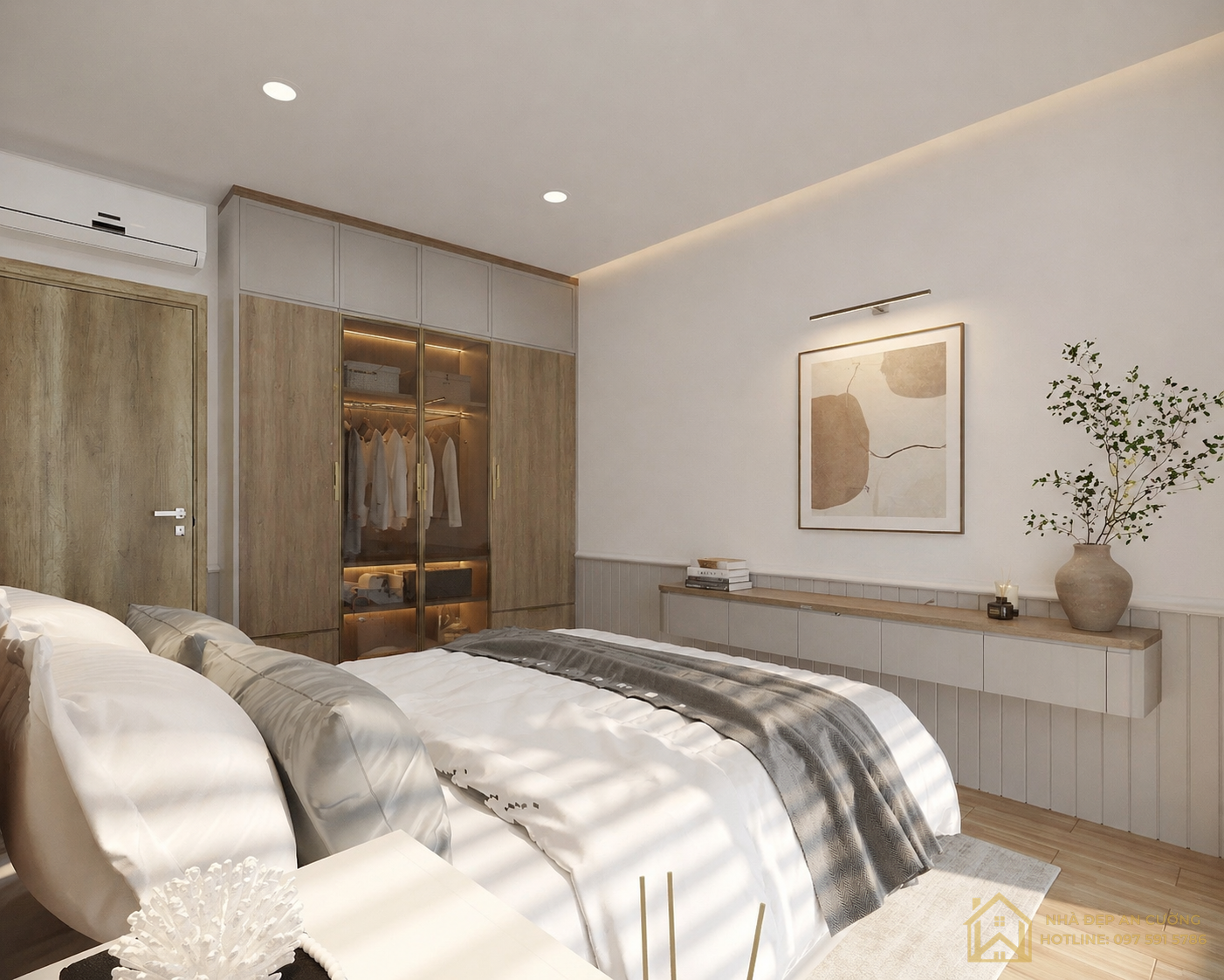 Phòng ngủ master kệ nổi gỗ tường trắng kem tủ gỗ walnut chung cư 2 phòng ngủ Vinhomes Smart City