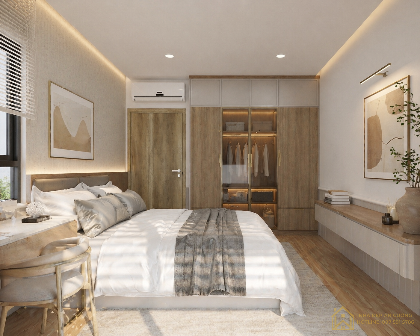 Phòng ngủ master gỗ walnut vách lanh tô tủ quần áo cánh kính ấm áp chung cư Vinhomes Smart City