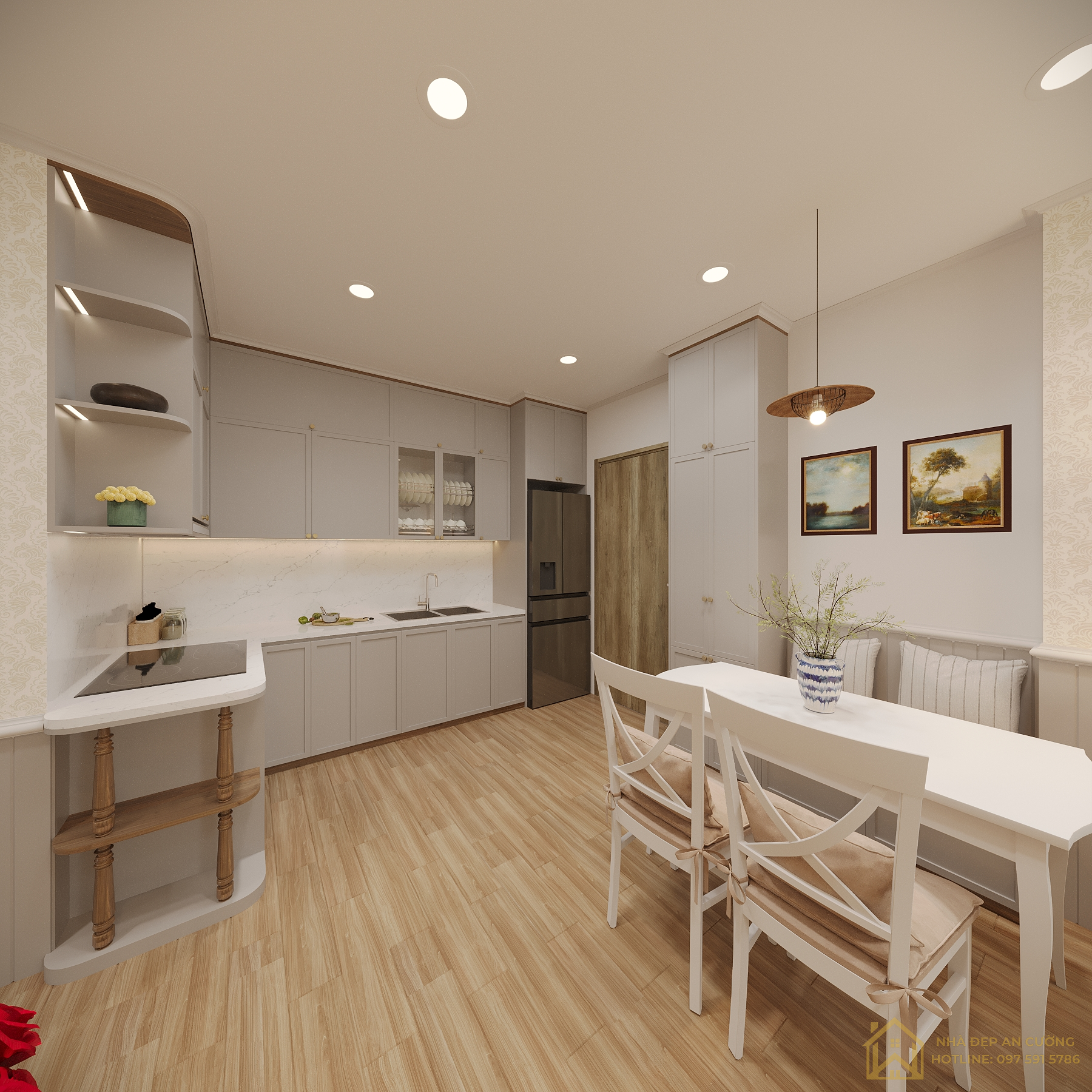 Tủ bếp và quầy bar bo cong mặt đá trắng kết hợp bàn ăn chung cư Vinhomes Smart City 75m²