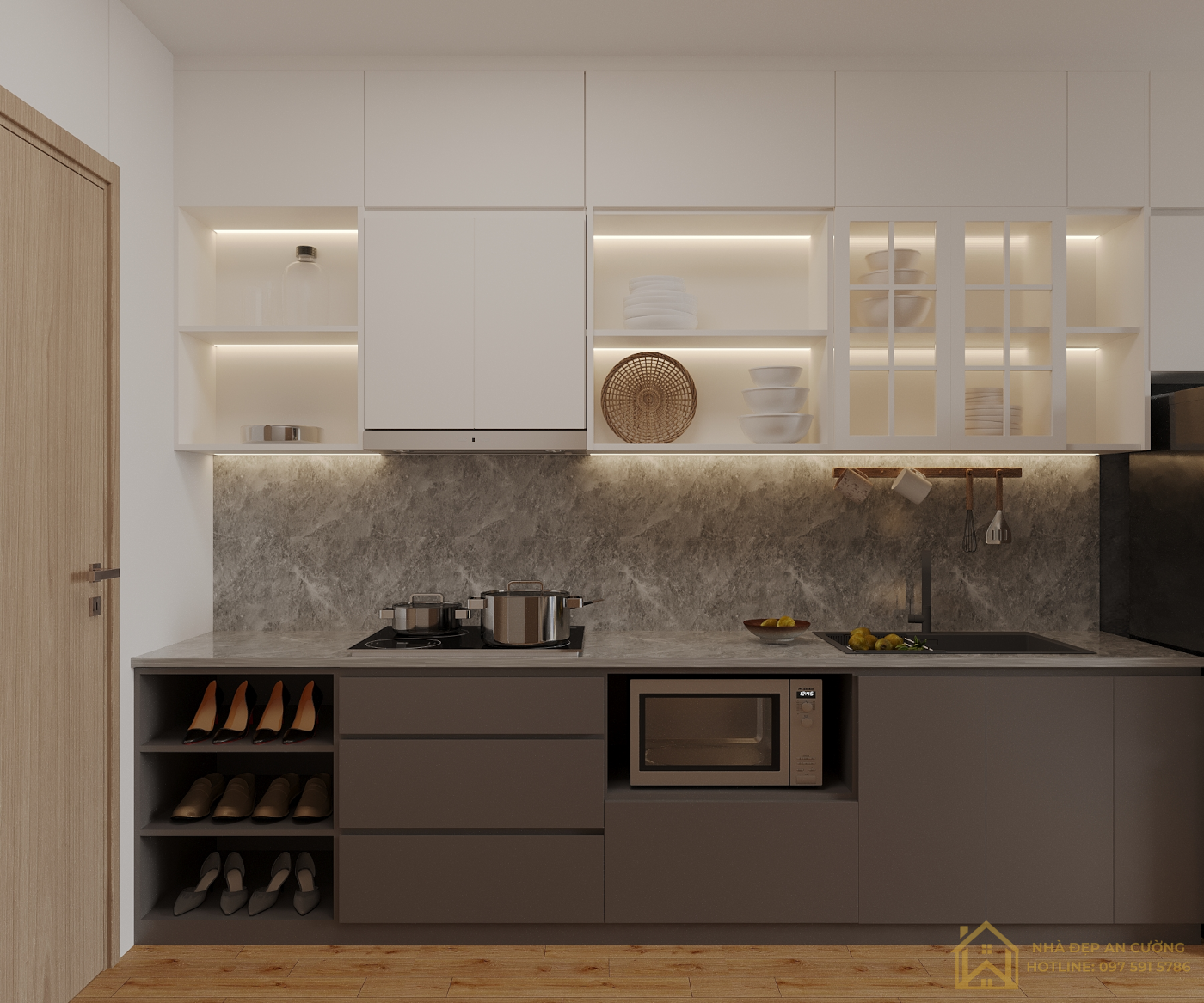 Tủ bếp xám mocha tủ trên trắng kính ốp tường đá vân mây studio Vinhomes Ocean Park
