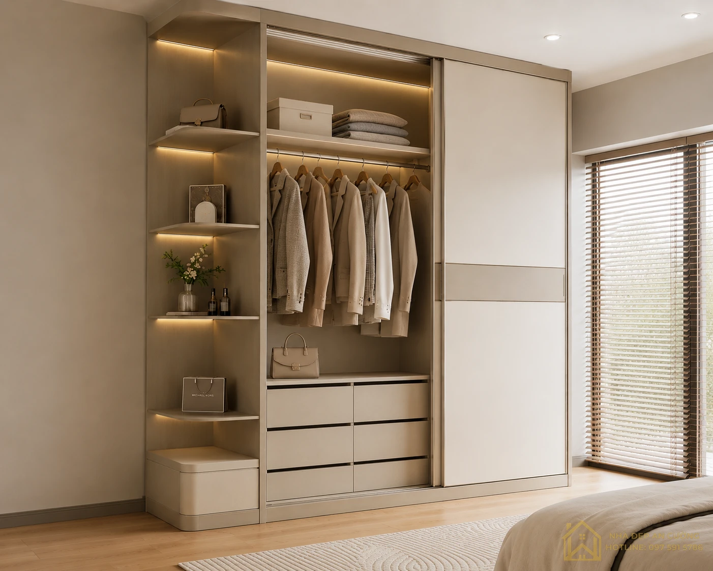 Tủ quần áo cánh trượt giúp tối ưu diện tích cho phòng ngủ nhỏ