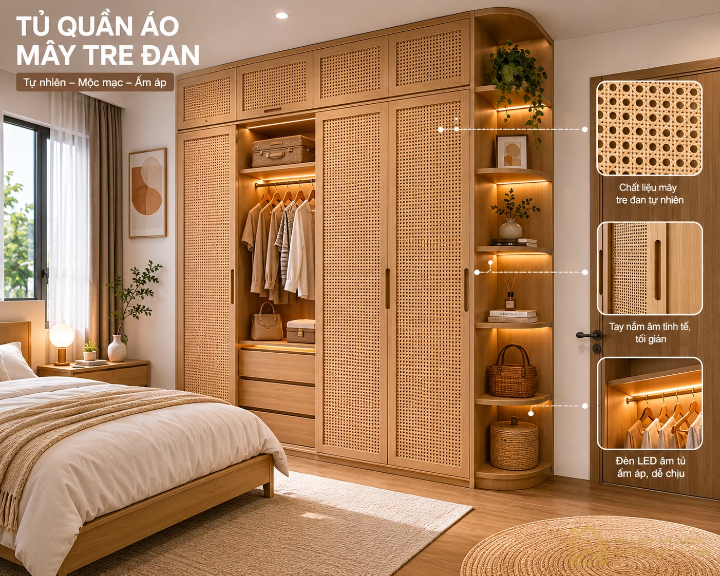 Tủ quần áo mây tre đan phong cách Japandi với thiết kế tự nhiên và ấm áp cho phòng ngủ hiện đại Title ảnh
