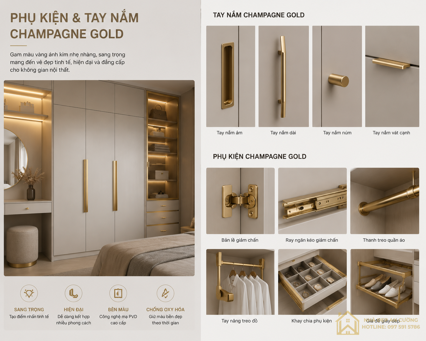 Tay nắm champagne gold sử dụng cho tủ quần áo có gam màu vàng ánh kim nhẹ nhàng, sang trọng, mang đến vẻ đẹp tinh tế, hiện đại và đẳng cấp
