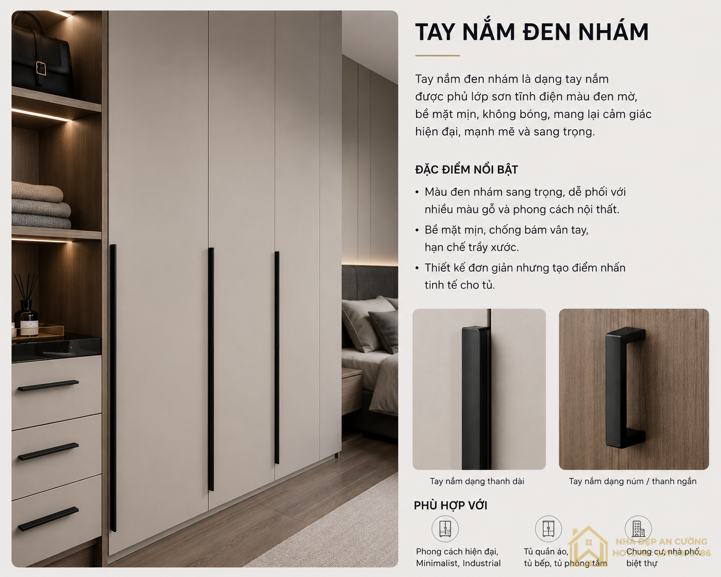 Tay nắm màu đen nhám sử dụng cho tủ quần áo mang lại sự sang trọng, dễ phối với nhiều màu gỗ và phong cách nội thất