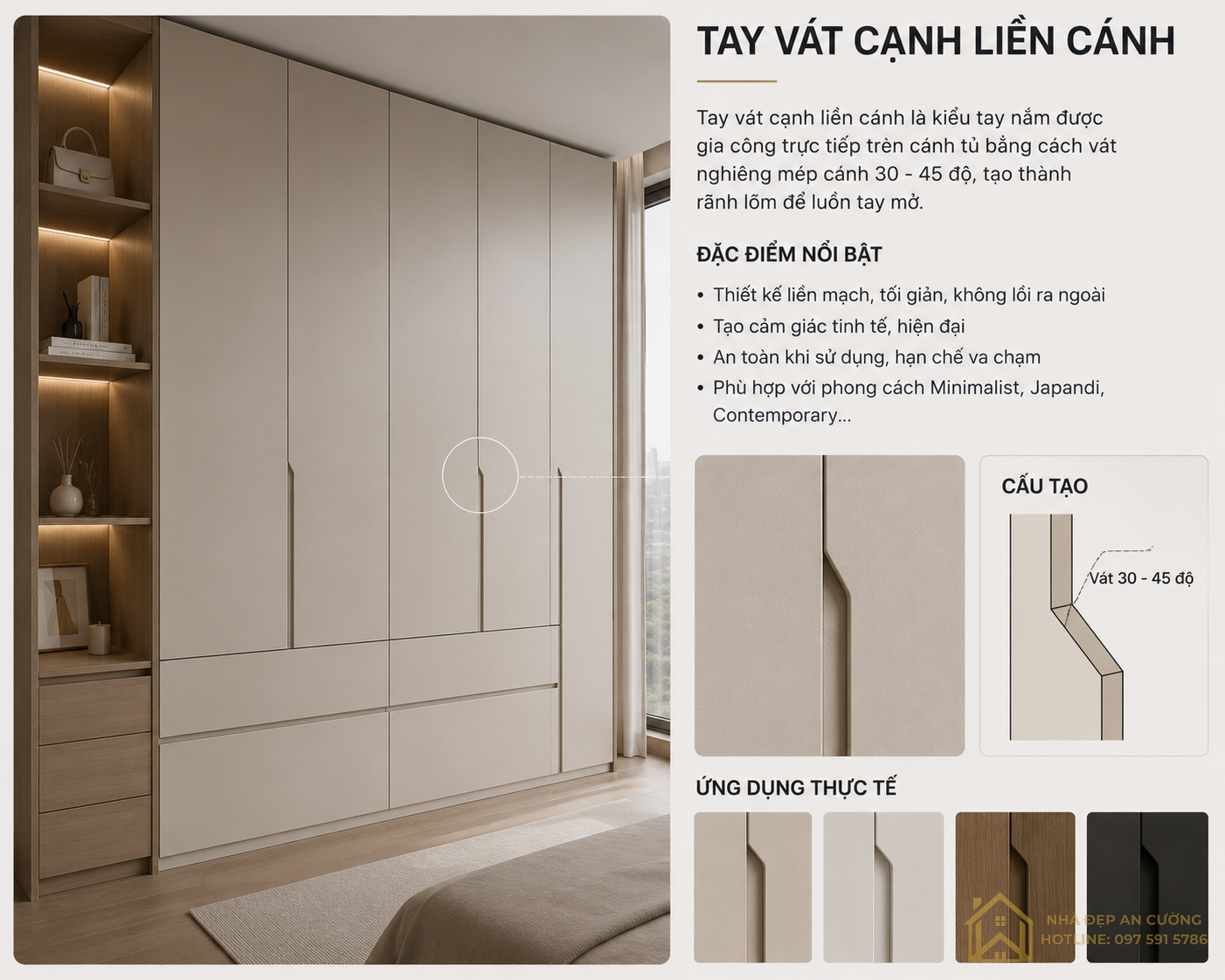 Tay vát cạnh liền cánh sử dụng cho tủ quần áo phù hợp với phong cách Minimalist, Japandi...