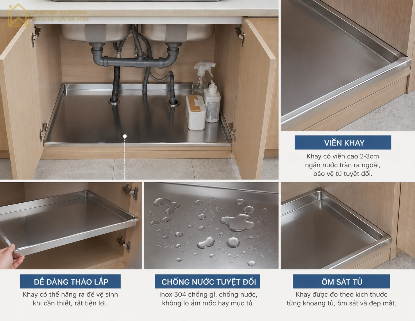 Khay inox chống nước cho khoang chậu rửa tủ bếp giúp hạn chế nước ngấm vào cốt gỗ