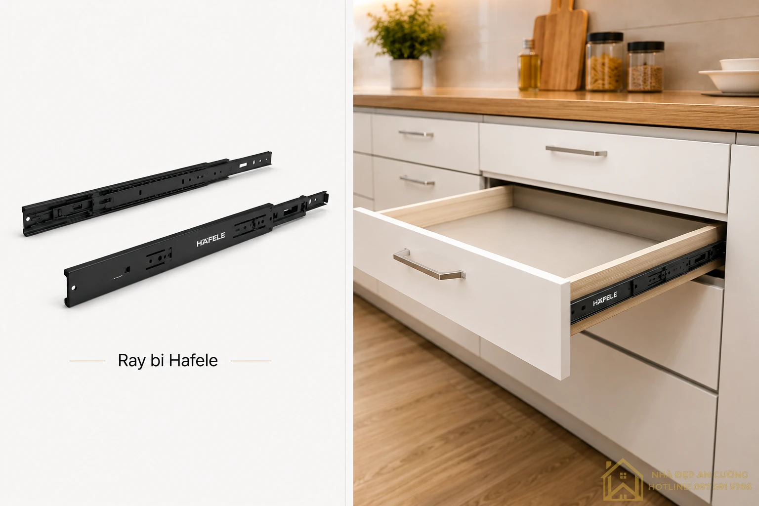 Ray bi Hafele giúp ngăn kéo tủ bếp vận hành êm ái và bền bỉ
