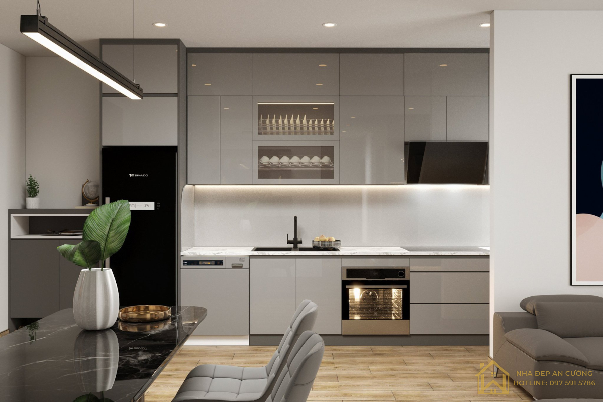 Tủ bếp Acrylic màu xám hiện đại với hệ khoang chậu được xử lý chống thấm ngay từ đầu